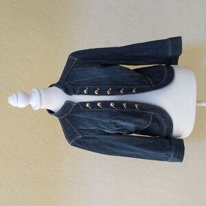 WHBM Fitted Military Style Open Front Cropped Dark Wash Denim Jacket Size 8